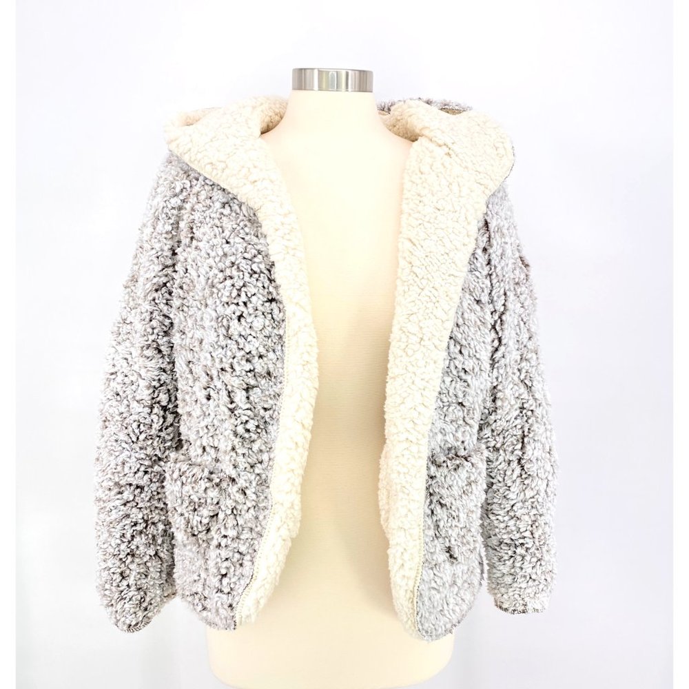 Reversible Teddy Sherpa Fur Open Front Hoodie Jacket With Pockets Cream NWT